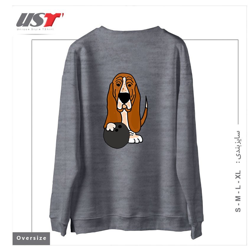 طرح FUNNY BASSET HOUND DOG BOWLING CARTOON سوییشرت اورسایزرنگ طوسی ملانژ