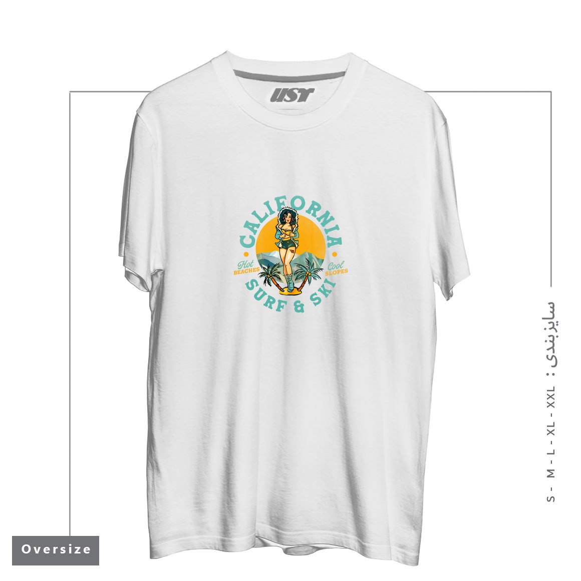طرح CALIFORNIA SURF & SKI HOT BEACHES, COOL SLOPES تیشرت اورسایزرنگ سفید