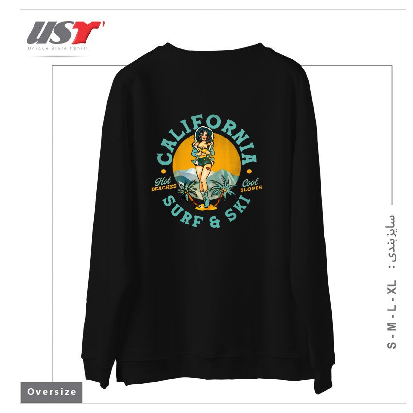 طرح CALIFORNIA SURF & SKI HOT BEACHES, COOL SLOPES سوییشرت اورسایزرنگ مشکی