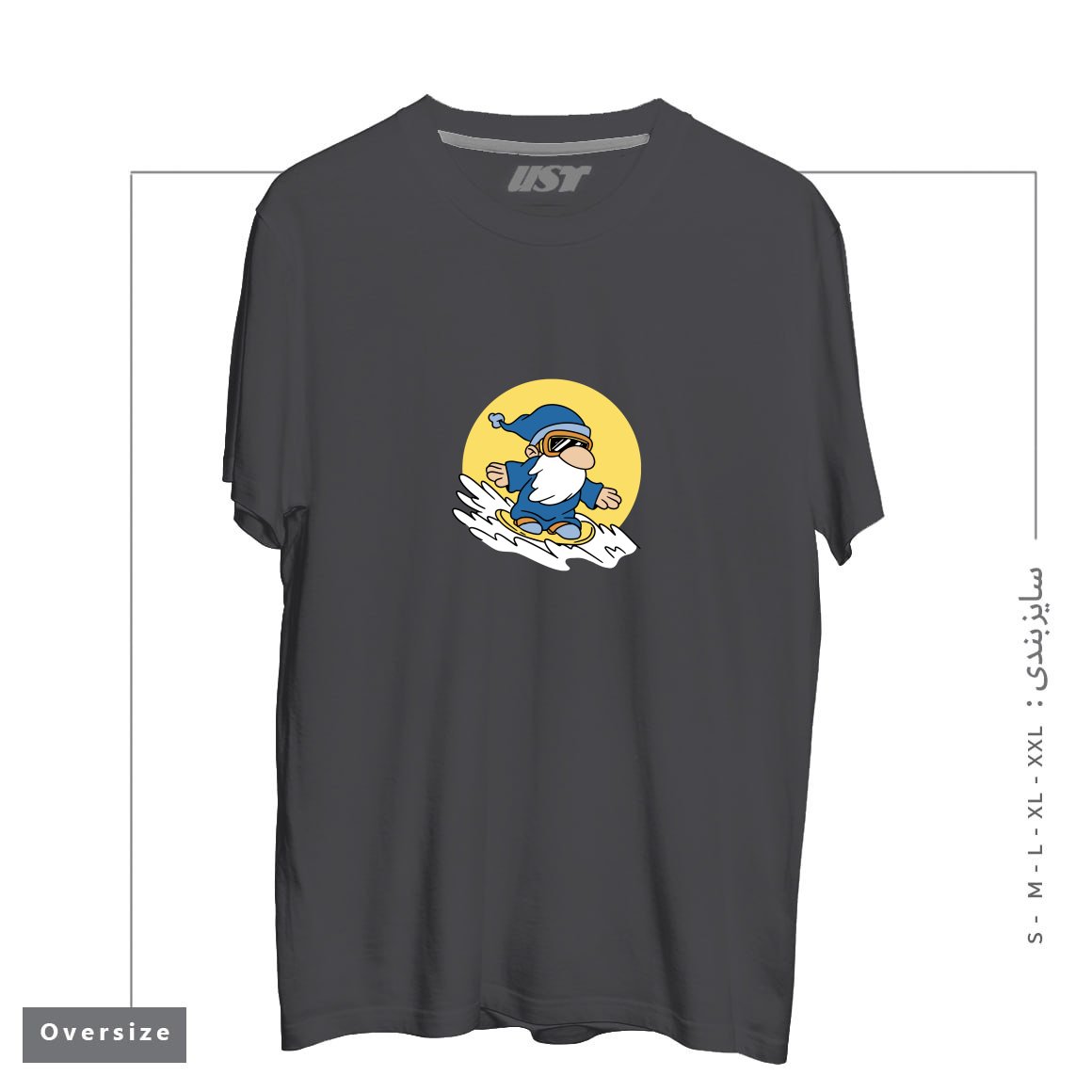 طرح GNOME ON SNOWBOARD تیشرت اورسایزرنگ دودی