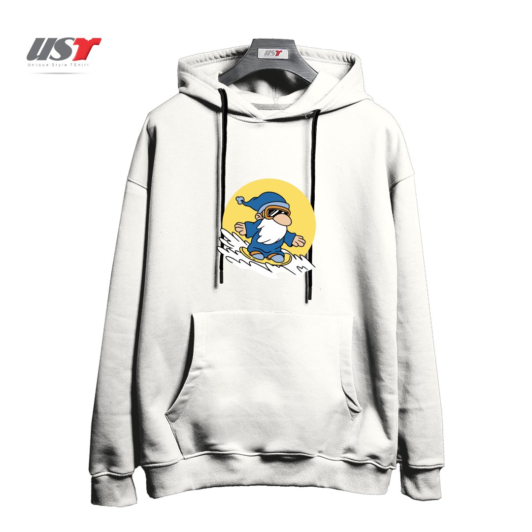 طرح GNOME ON SNOWBOARD هودی اورسایزرنگ سفید