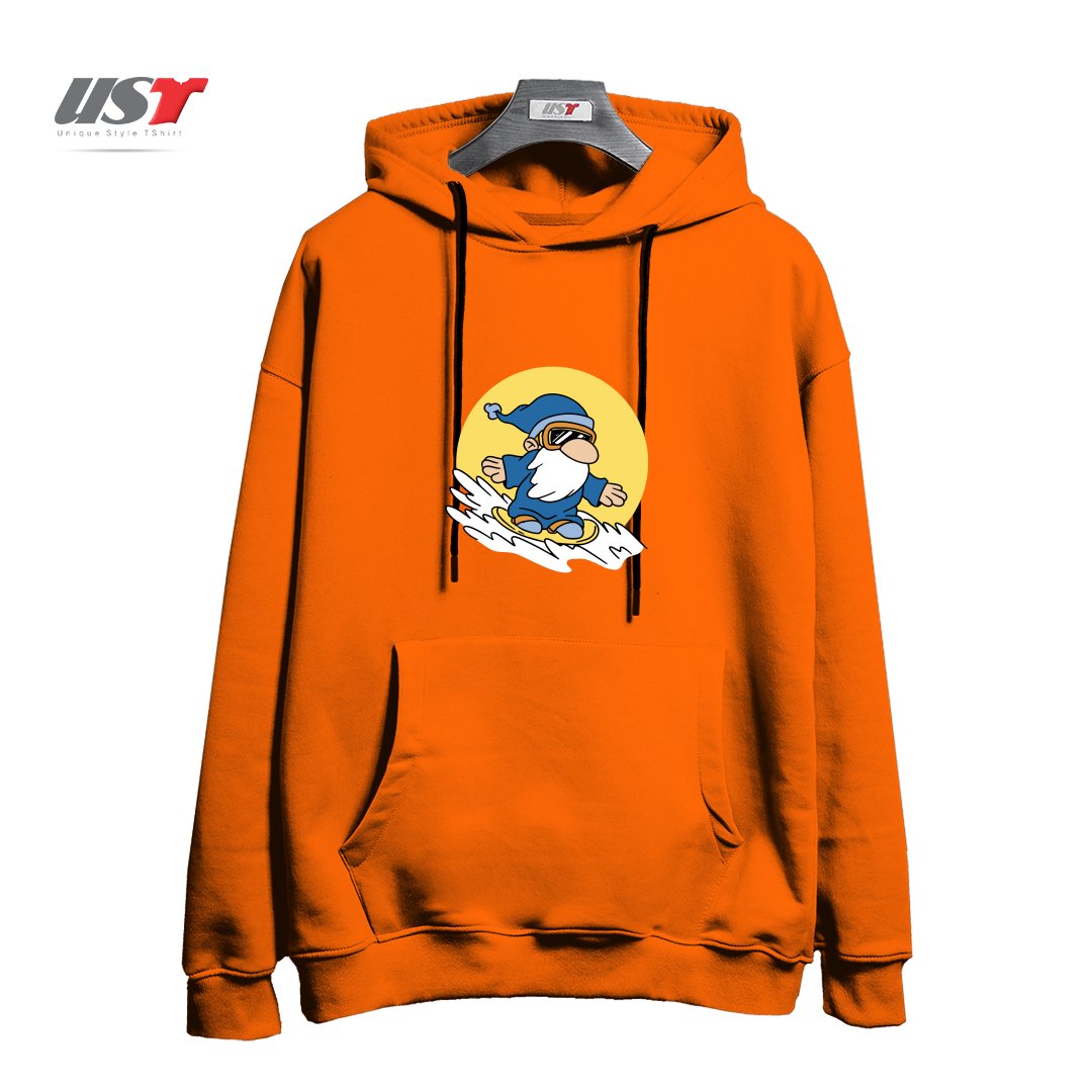 طرح GNOME ON SNOWBOARD هودی اورسایزرنگ نارنجی