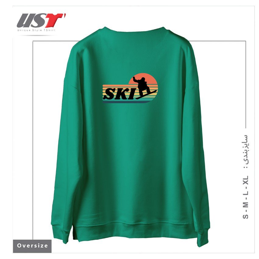 طرح RETRO SKI, WINTER SPORTS سوییشرت اورسایزرنگ سبز سدری