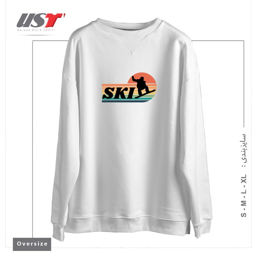طرح RETRO SKI, WINTER SPORTS سوییشرت اورسایزرنگ سفید