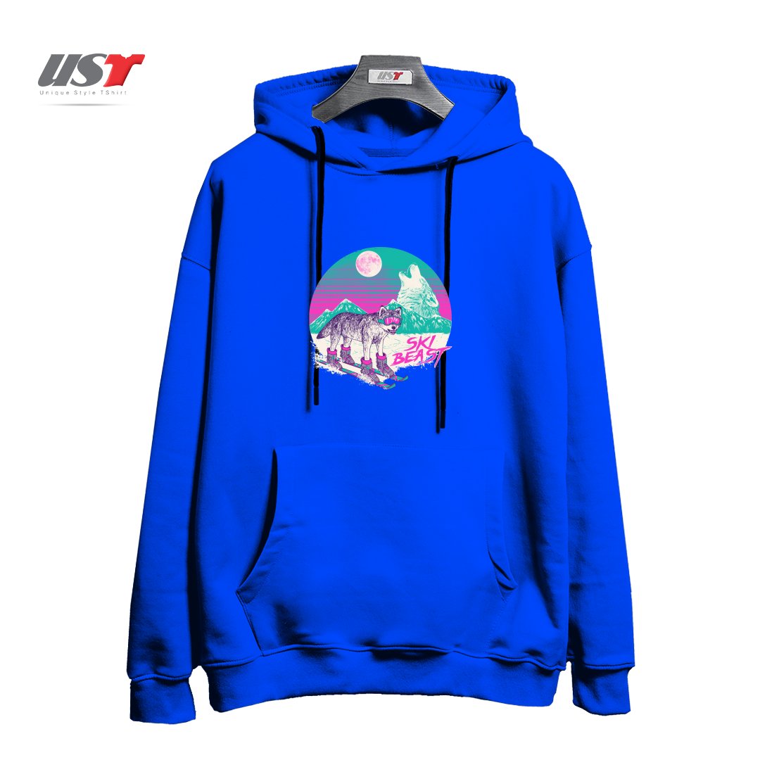 طرح SKI BEAST هودی اورسایزرنگ آبی شالی