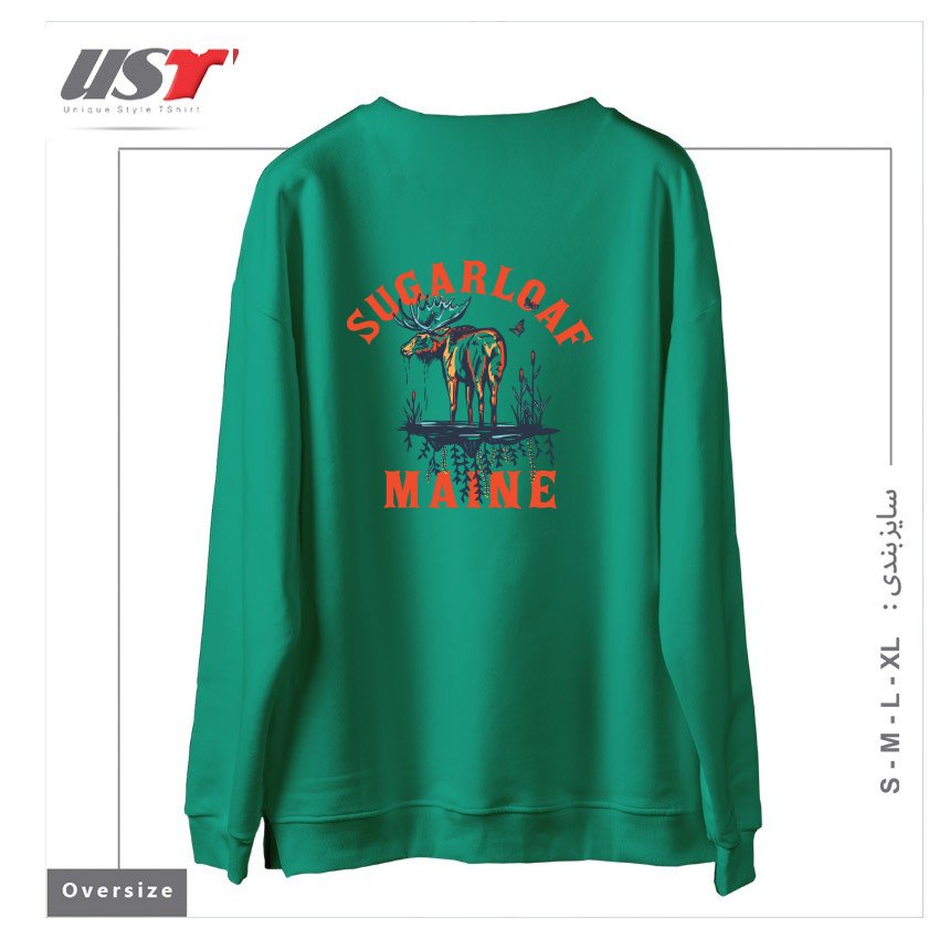طرح SUGARLOAF, MAINE. COOL RETRO SKI RESORT SHIRT ART FEATURING A MOOSE سوییشرت اورسایزرنگ سبز سدری