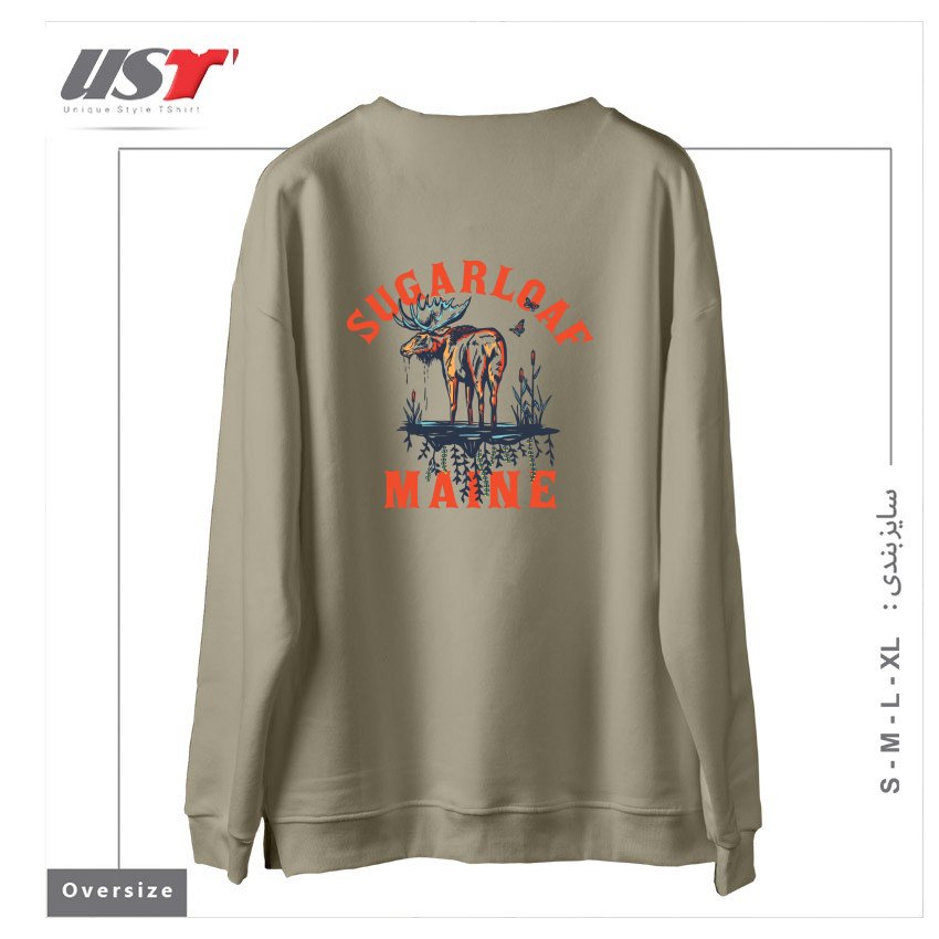 طرح SUGARLOAF, MAINE. COOL RETRO SKI RESORT SHIRT ART FEATURING A MOOSE سوییشرت اورسایزرنگ نخودی