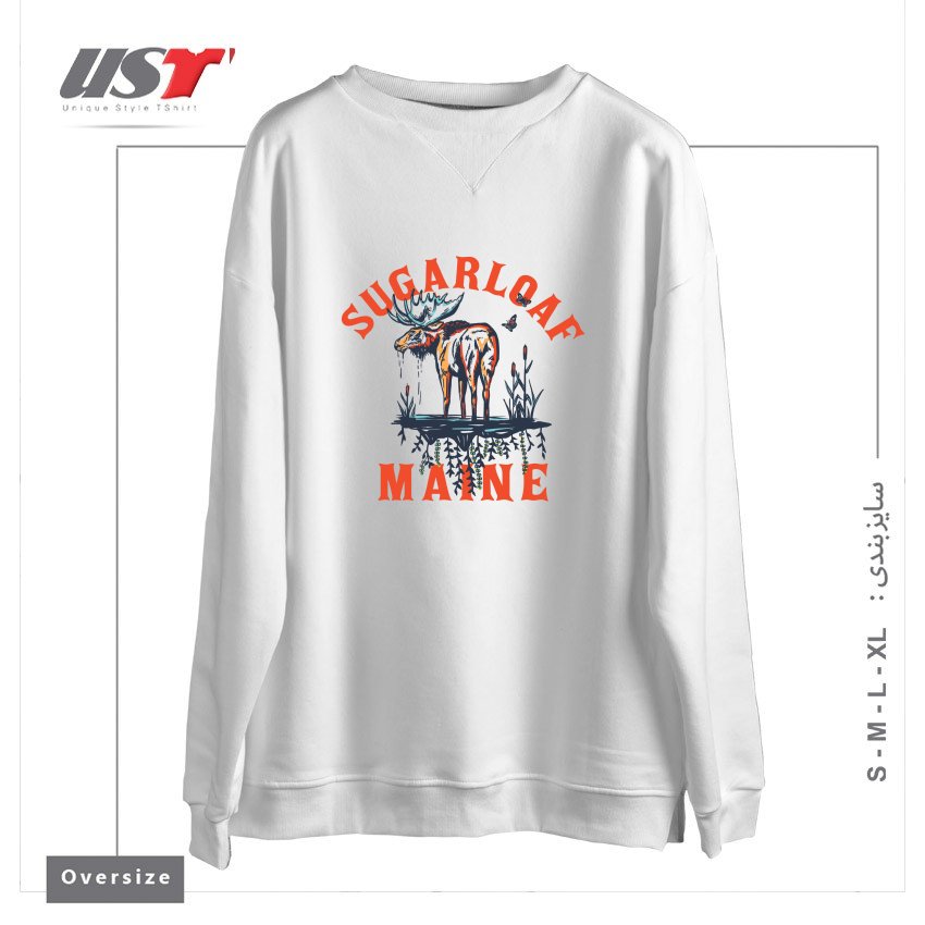 طرح SUGARLOAF, MAINE. COOL RETRO SKI RESORT SHIRT ART FEATURING A MOOSE سوییشرت اورسایزرنگ سفید