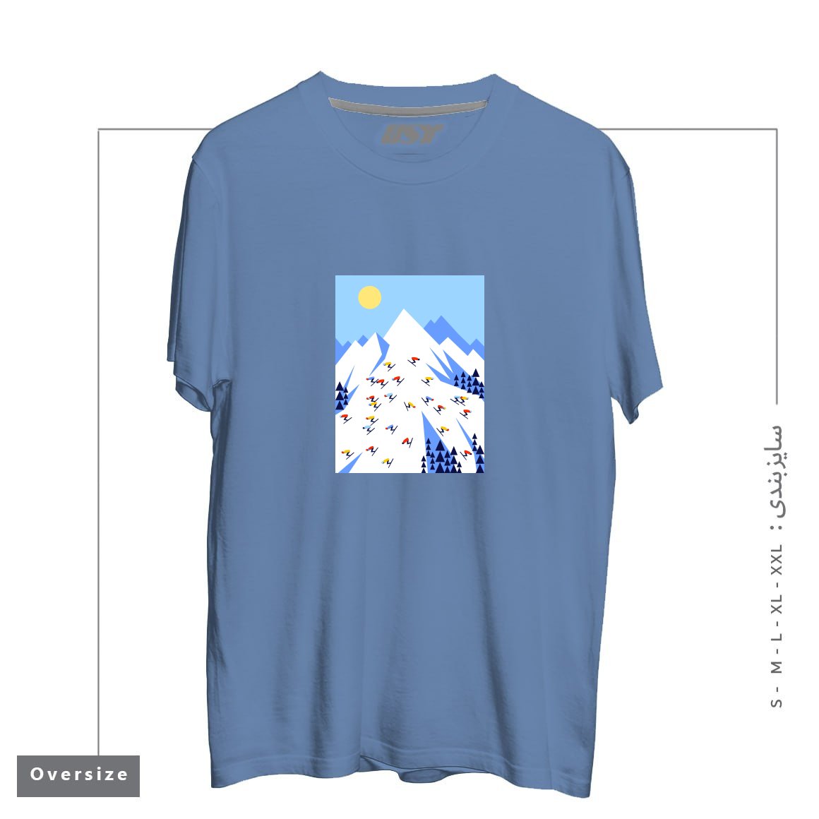 طرح THE MOUNTAINS. PERFECT DAY! تیشرت اورسایزرنگ آبی نفتی