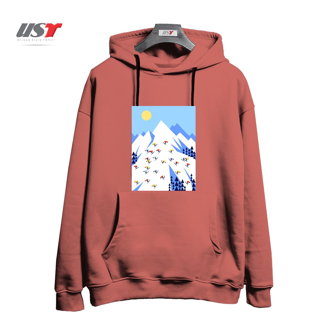 طرح THE MOUNTAINS. PERFECT DAY! هودی اورسایزرنگ آجری