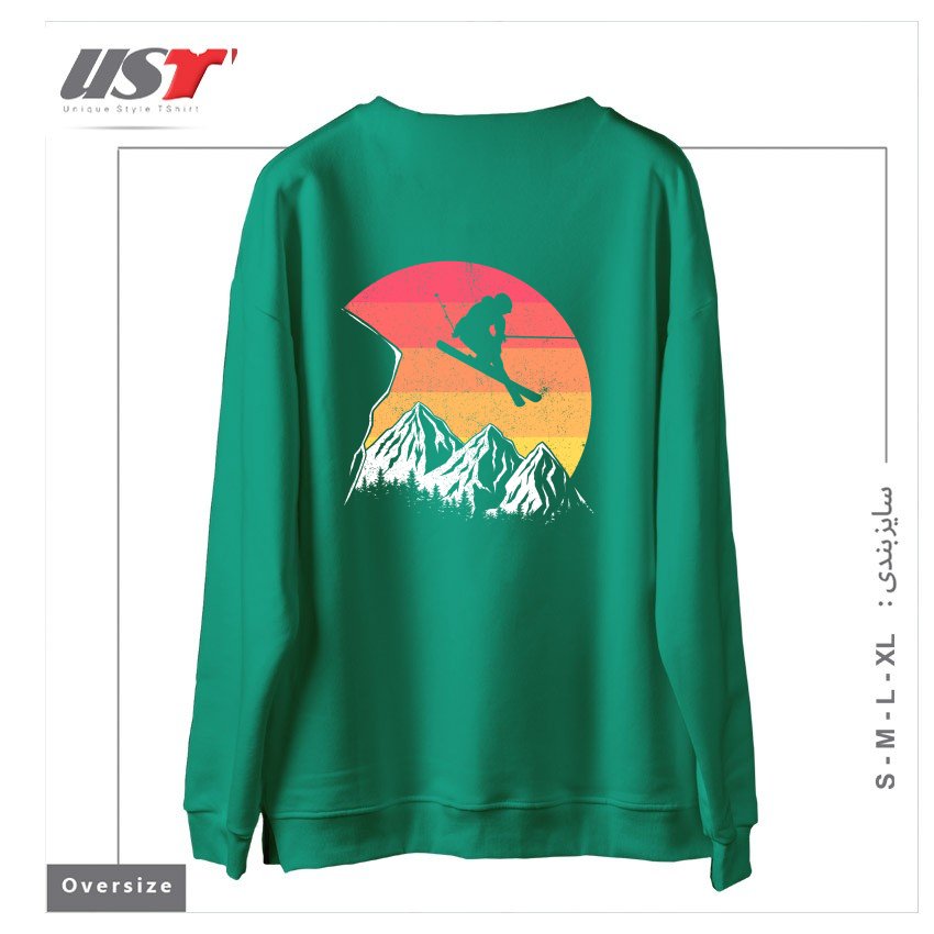طرح VINTAGE ALPINE SKIING سوییشرت اورسایزرنگ سبز سدری