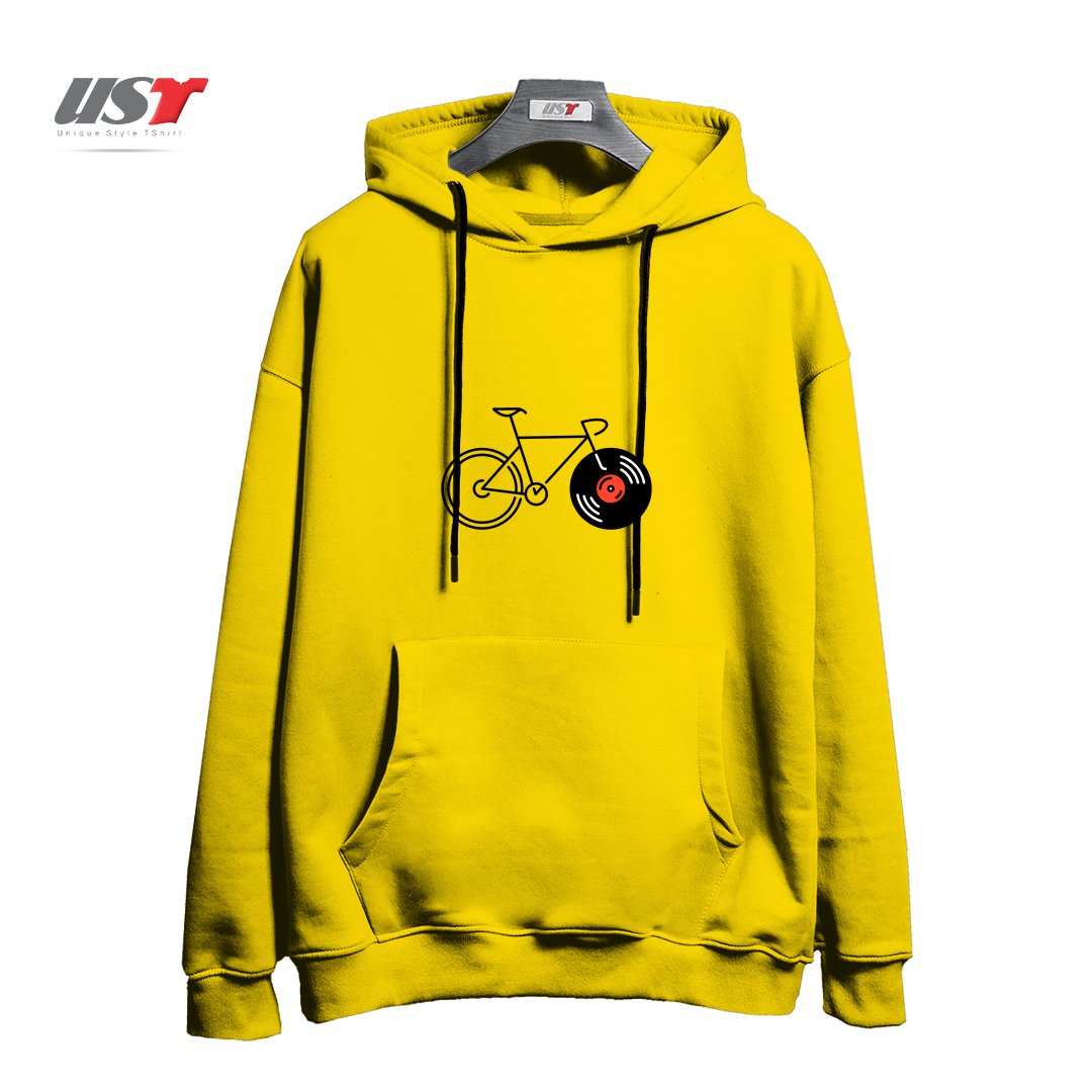 طرح BICYCLE VINYL RECORD هودی اورسایزرنگ زرد