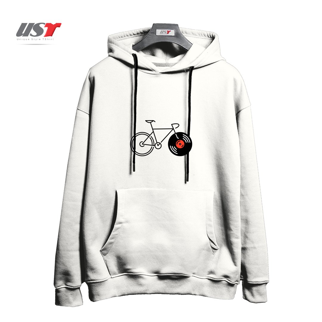 طرح BICYCLE VINYL RECORD هودی اورسایزرنگ سفید