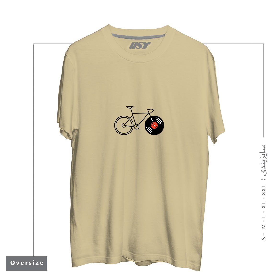 طرح BICYCLE VINYL RECORD تیشرت اورسایزرنگ نخودی