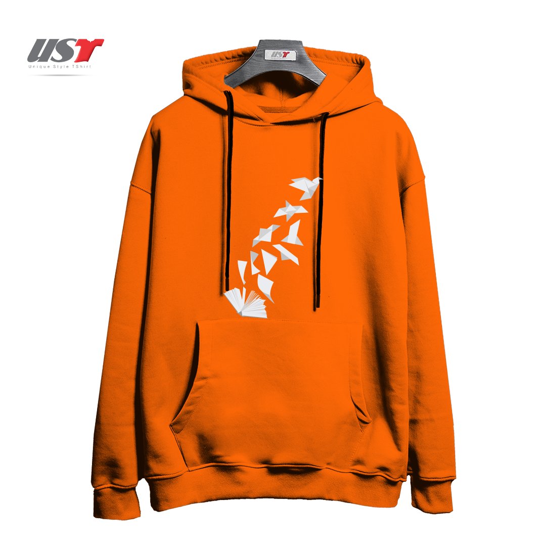 طرح BOOK TO BIRD هودی اورسایزرنگ نارنجی