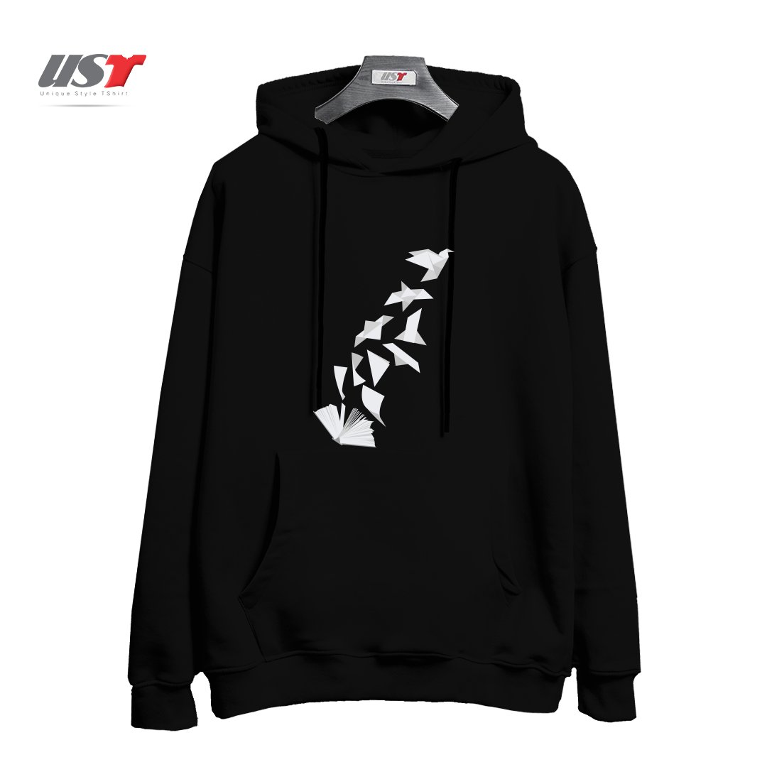 طرح BOOK TO BIRD هودی اورسایزرنگ مشکی