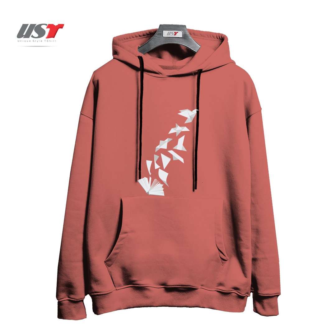 طرح BOOK TO BIRD هودی اورسایزرنگ آجری