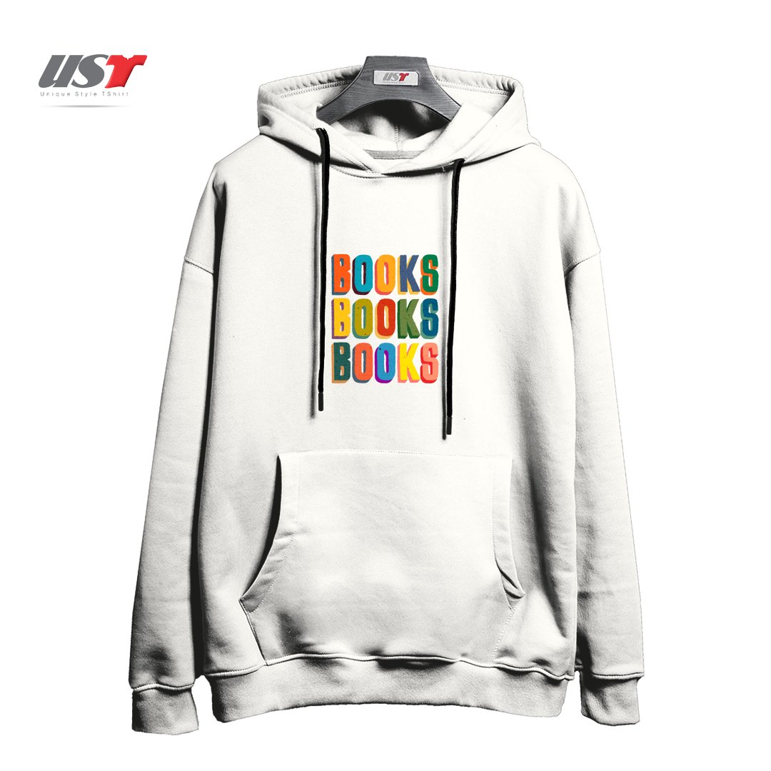 طرح BOOKS BOOKS BOOKS هودی اورسایزرنگ سفید