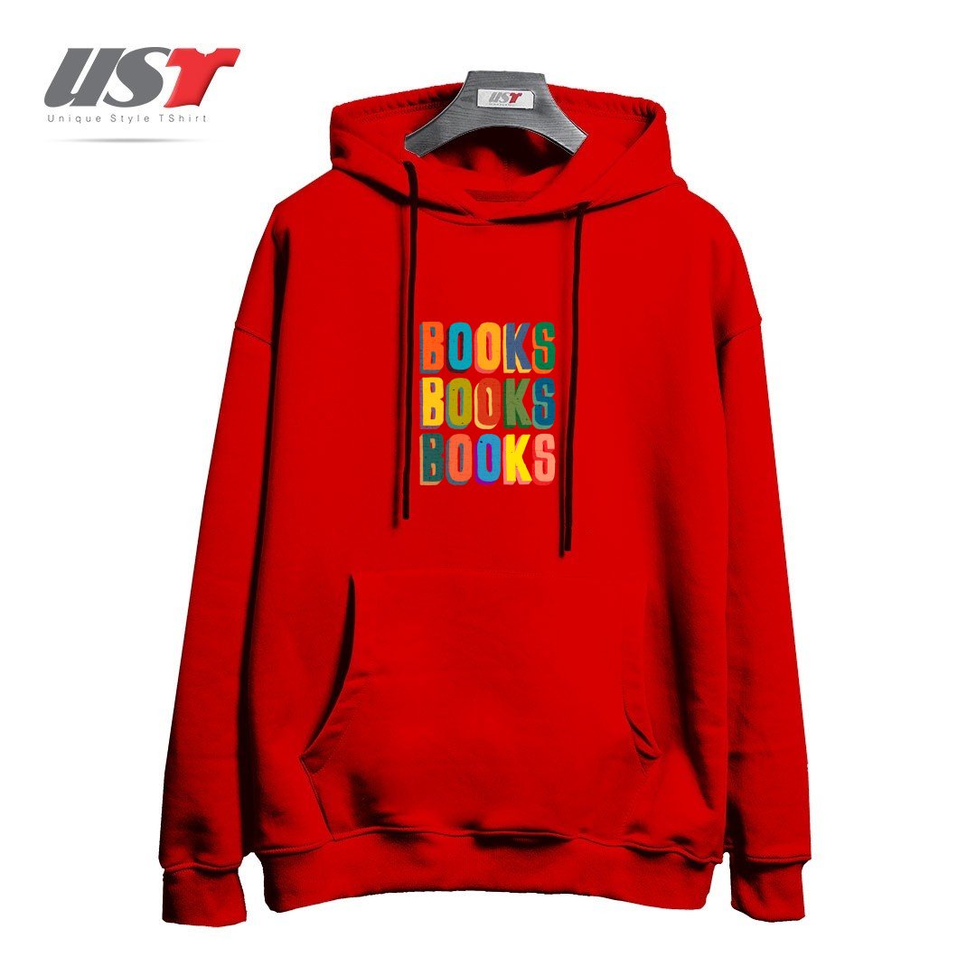 طرح BOOKS BOOKS BOOKS هودی اورسایزرنگ قرمز