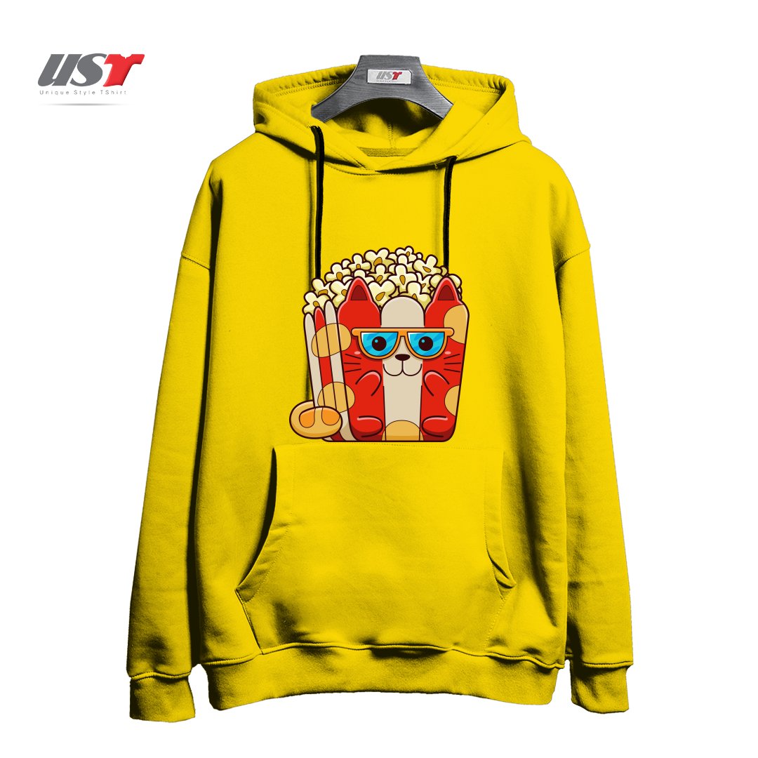 طرح CAT POPCORN هودی اورسایزرنگ زرد