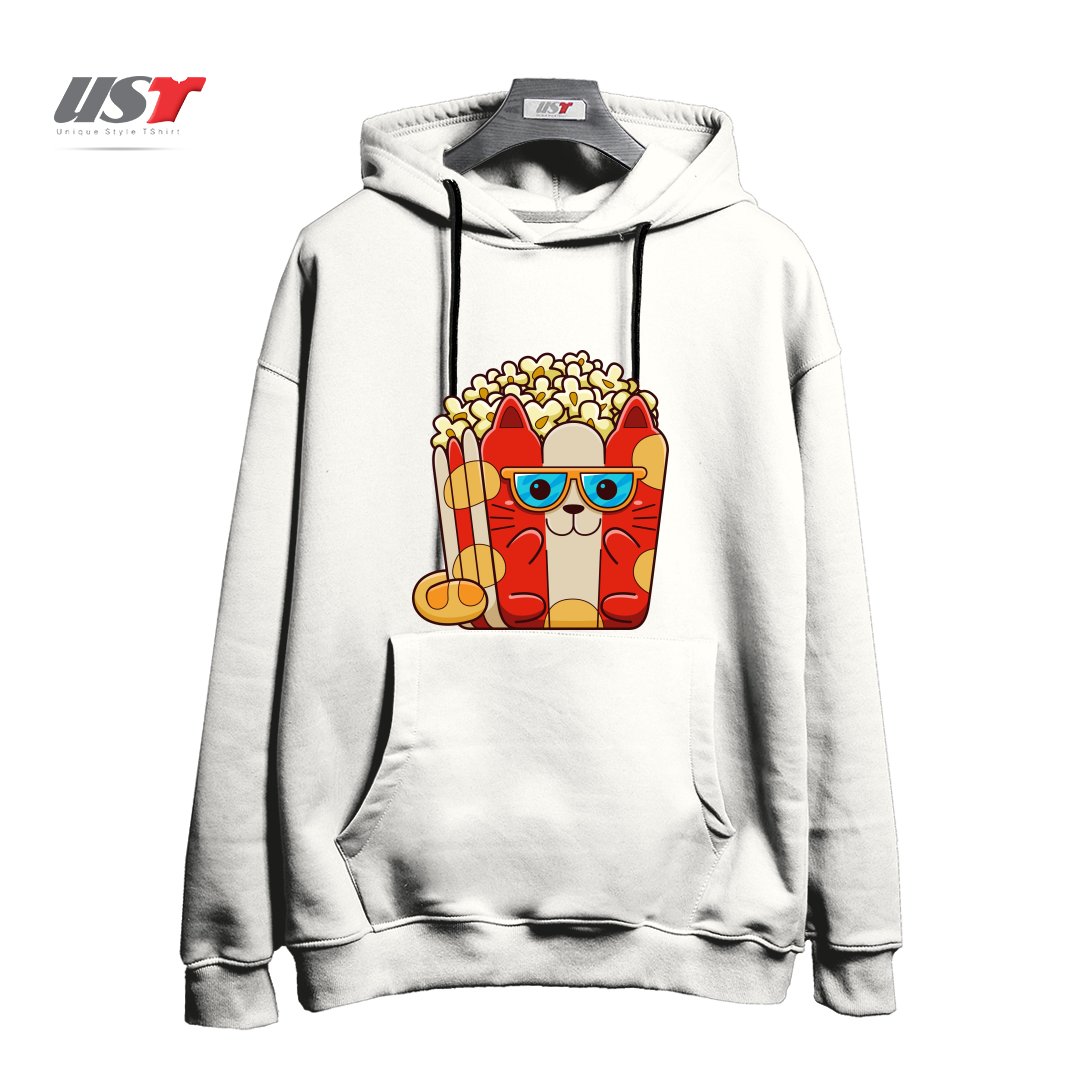 طرح CAT POPCORN هودی اورسایزرنگ سفید