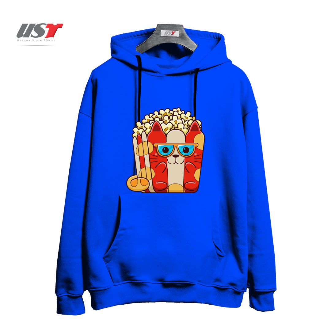 طرح CAT POPCORN هودی اورسایزرنگ آبی شالی