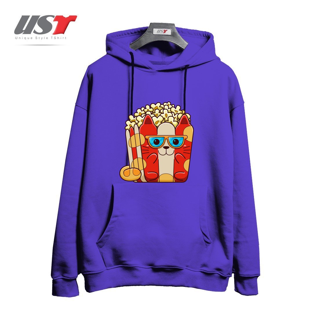 طرح CAT POPCORN هودی اورسایزرنگ بنفش