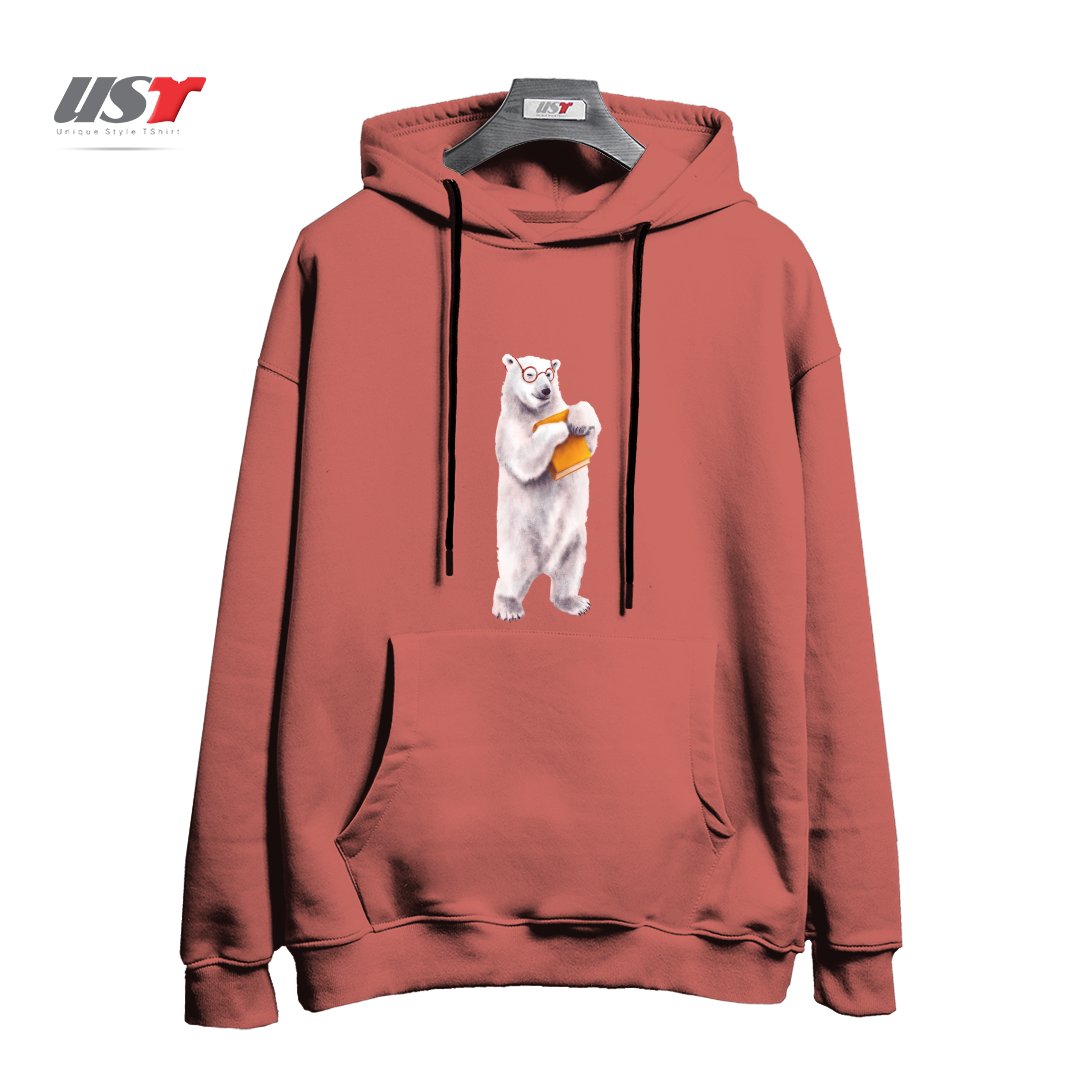 طرح SMART POLAR BEAR BOOK LOVER هودی اورسایزرنگ آجری