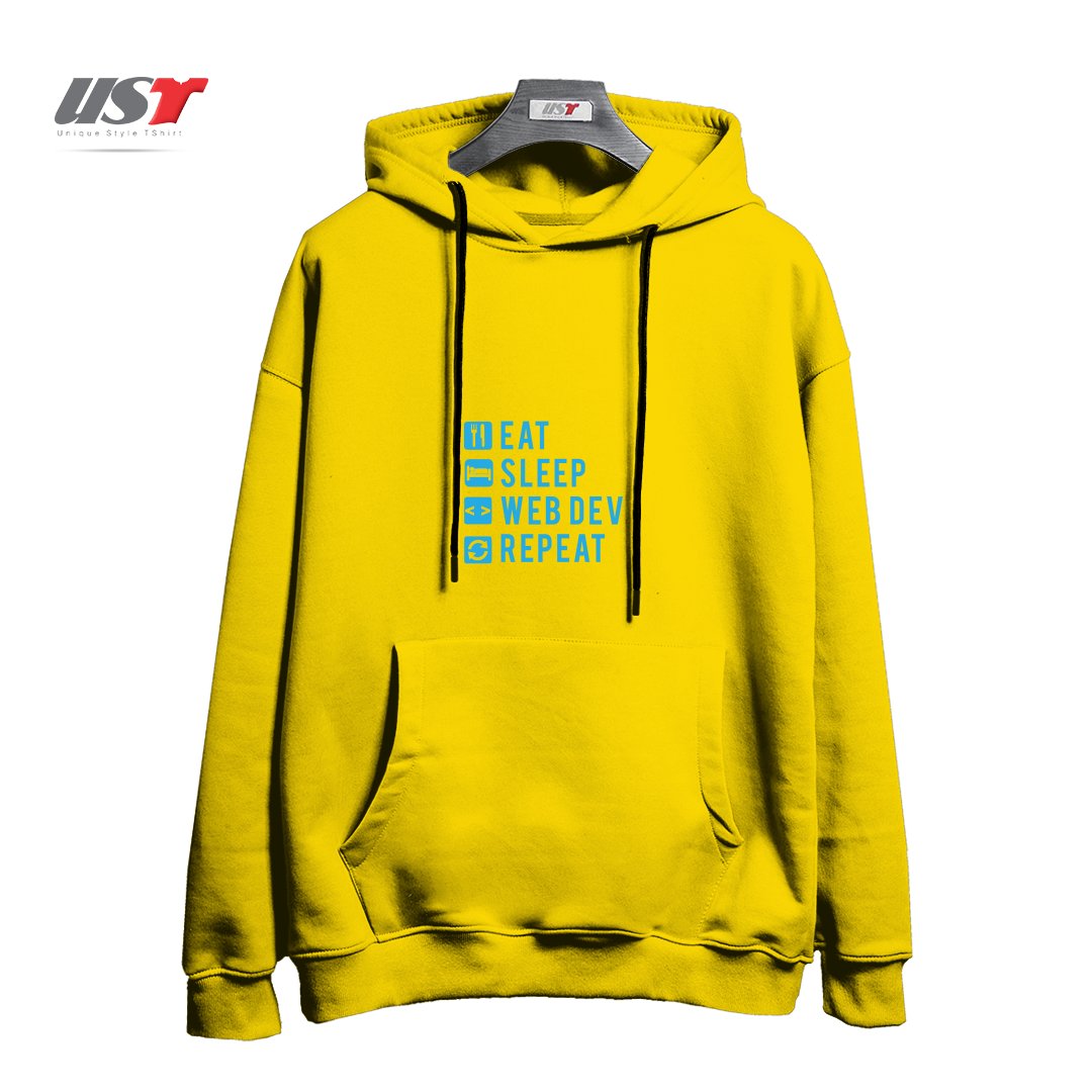 طرح EAT SLEEP WEB DEV REPEAT هودی اورسایزرنگ زرد