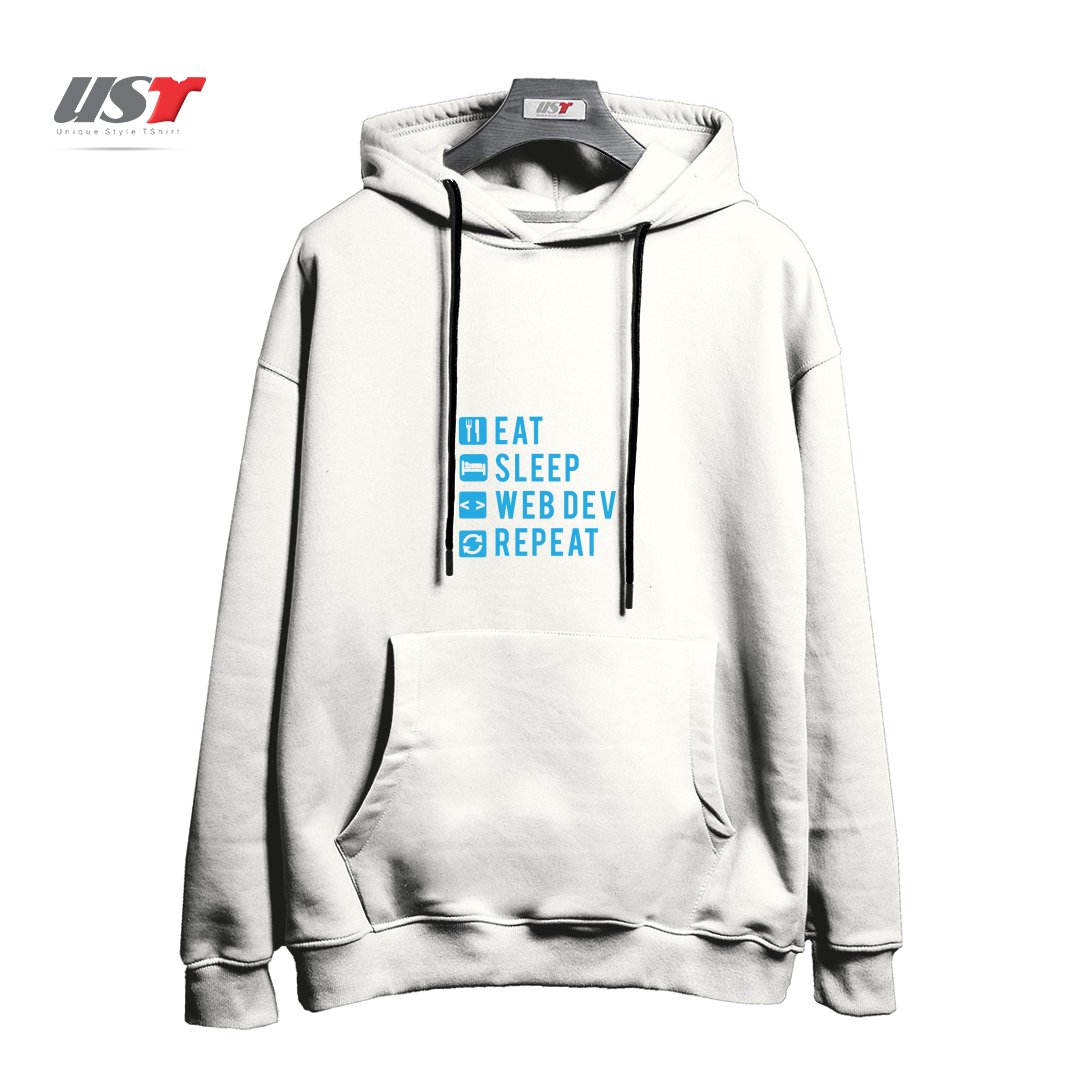طرح EAT SLEEP WEB DEV REPEAT هودی اورسایزرنگ سفید