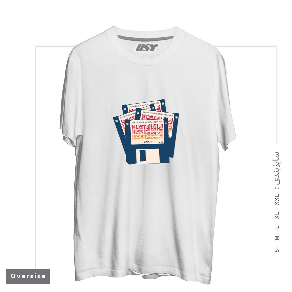 طرح NOSTALGIA FLOPPY DISK VERSION 2.0 تیشرت اورسایزرنگ سفید