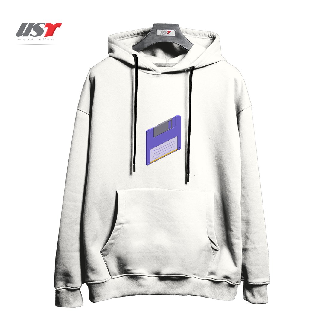 طرح VINTAGE FLOPPY DISK PIXEL ART هودی اورسایزرنگ سفید