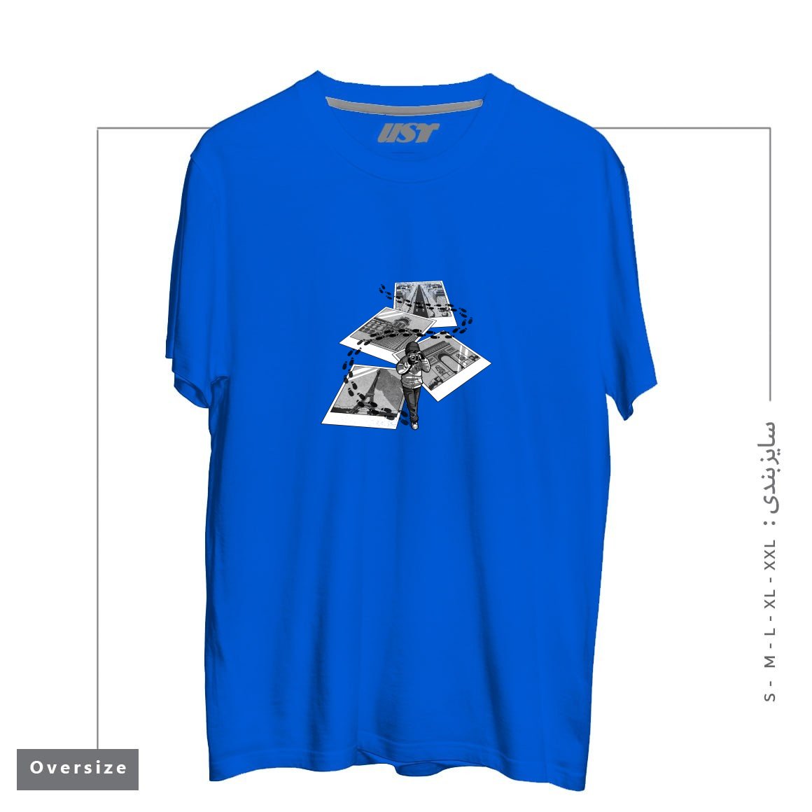 طرح I LOVE PARIS TOURIST تیشرت اورسایزرنگ آبی شالی