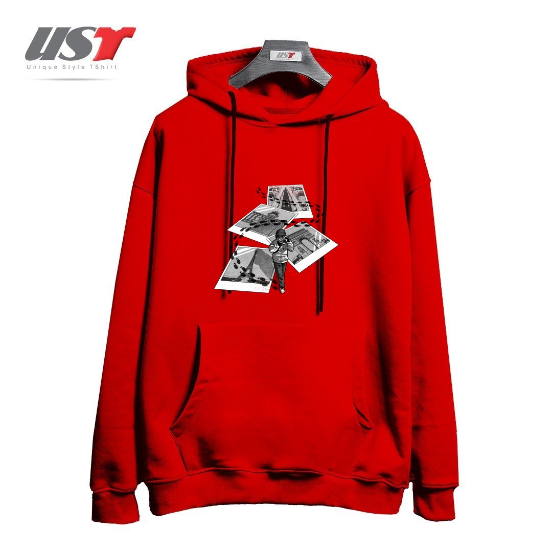 طرح I LOVE PARIS TOURIST هودی اورسایزرنگ قرمز