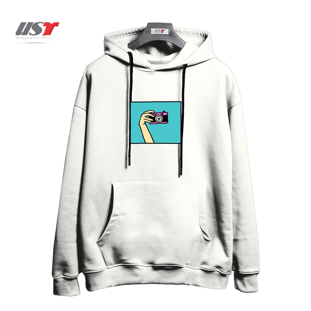 طرح TAKE A PICTURE هودی اورسایزرنگ سفید