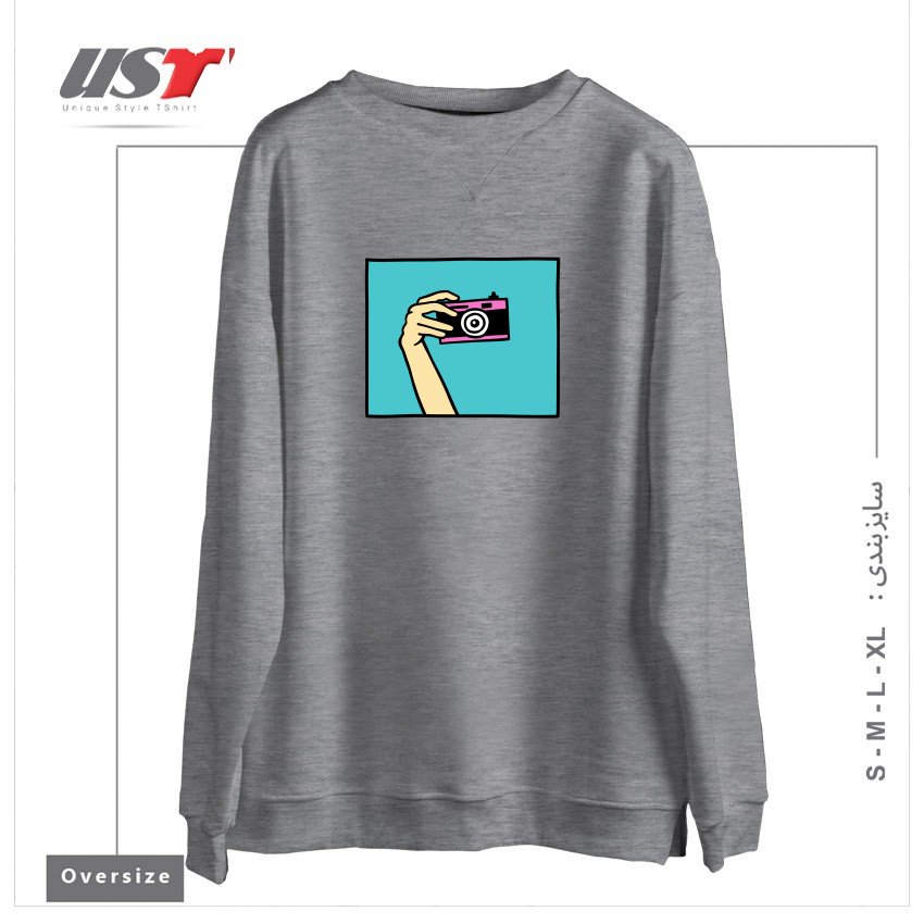 طرح TAKE A PICTURE سوییشرت اورسایزرنگ طوسی ملانژ