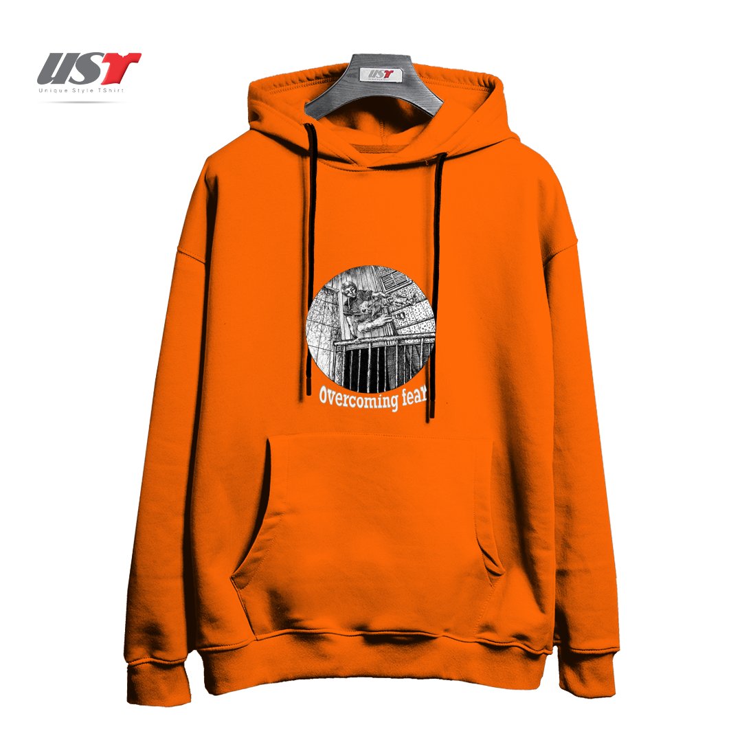 طرح OVERCOMING FEAR ON BLACK ITEMS هودی اورسایزرنگ نارنجی