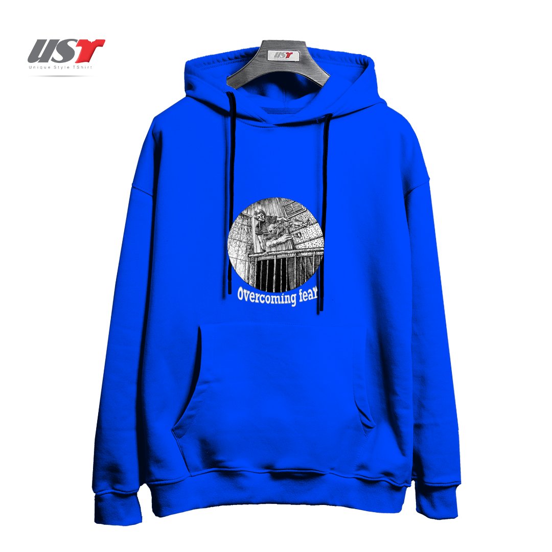 طرح OVERCOMING FEAR ON BLACK ITEMS هودی اورسایزرنگ آبی شالی