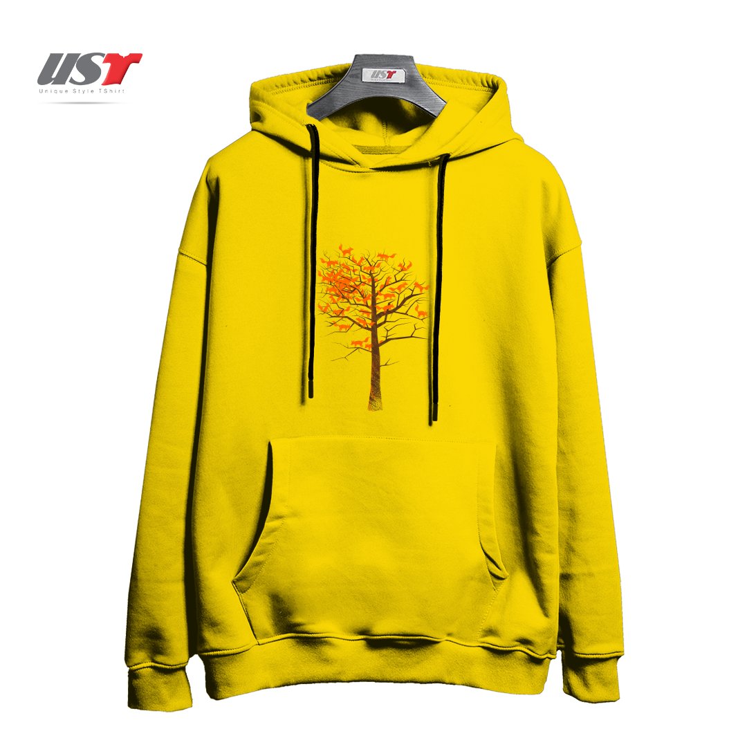 طرح BLAZING FOX TREE هودی اورسایزرنگ زرد