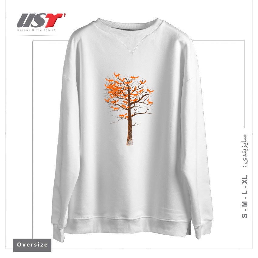 طرح BLAZING FOX TREE سوییشرت اورسایزرنگ سفید