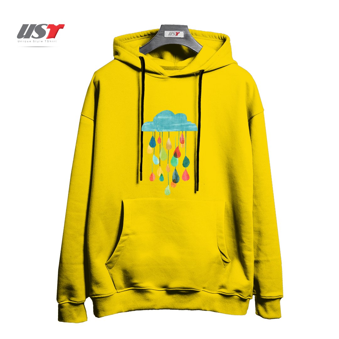 طرح IT IS RAINING RAINBOW هودی اورسایزرنگ زرد