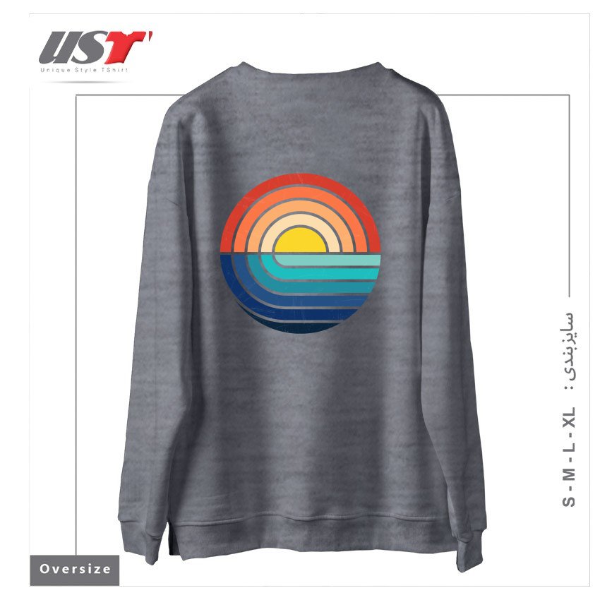 طرح SUNSET AND WAVES سوییشرت اورسایزرنگ طوسی ملانژ