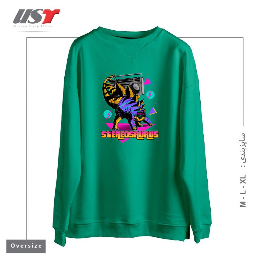 طرح STEREOSAURUS - A RAD DINOSAUR سوییشرت اورسایزرنگ سبز سدری