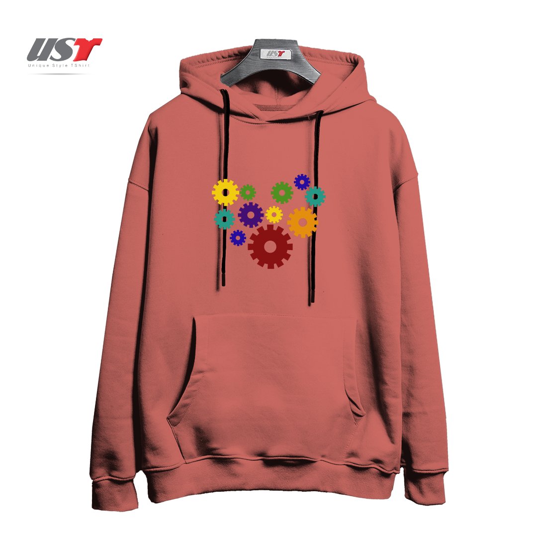 طرح RAINBOW GEARS هودی اورسایزرنگ آجری