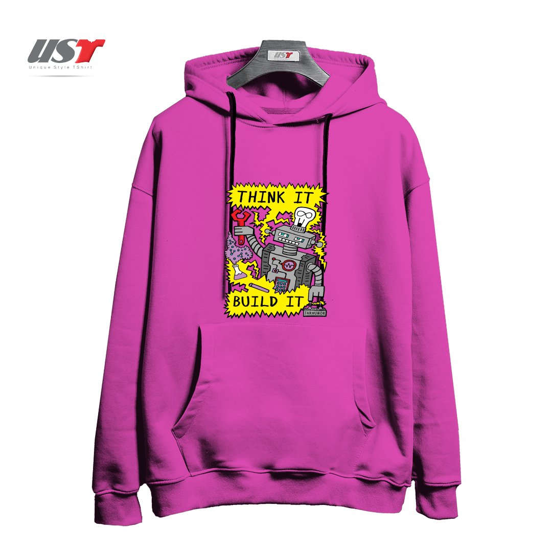 طرح THINK BUILD ROBOT هودی اورسایزرنگ صورتی