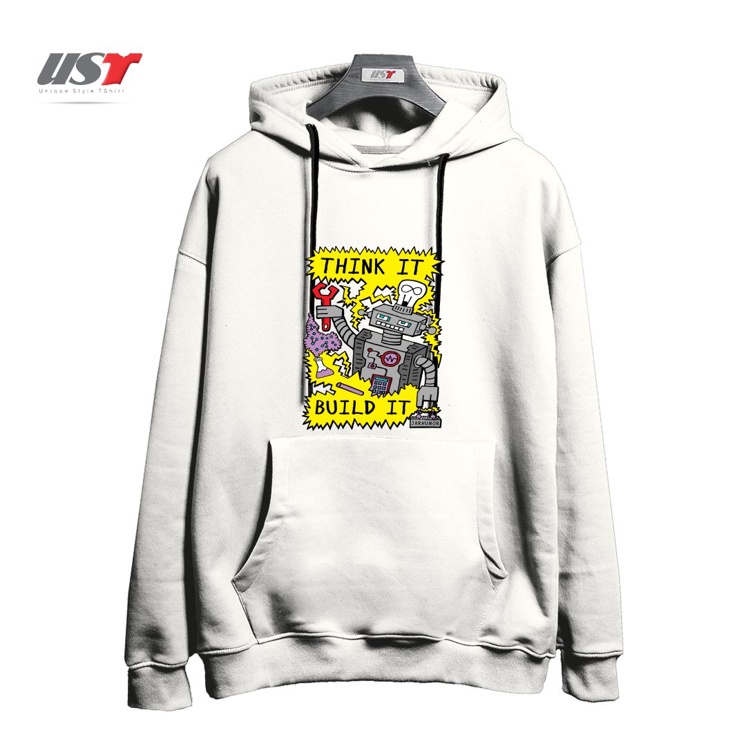 طرح THINK BUILD ROBOT هودی اورسایزرنگ سفید