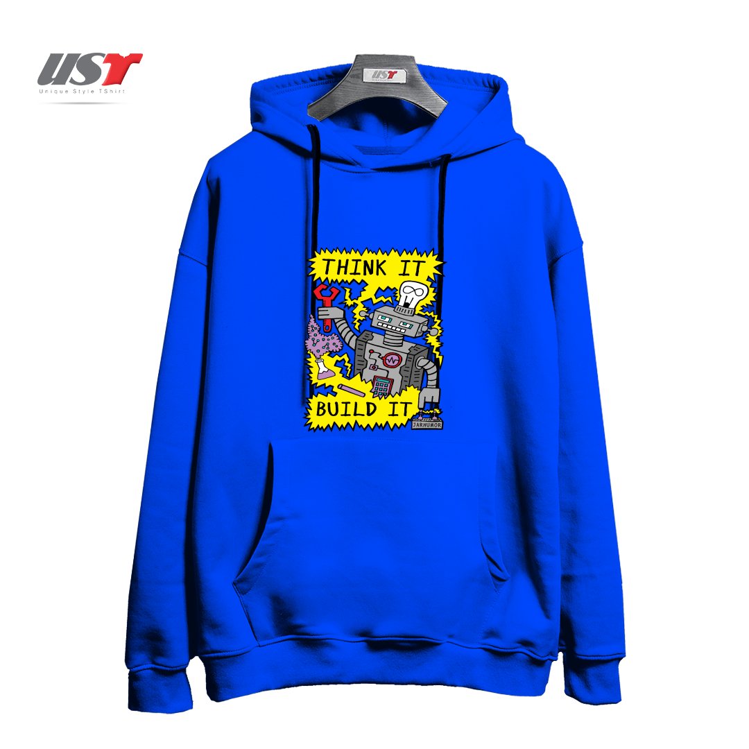 طرح THINK BUILD ROBOT هودی اورسایزرنگ آبی شالی