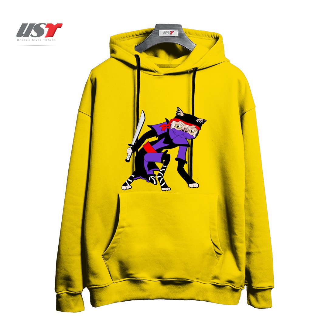 طرح GRUMPY NINJA CAT هودی اورسایزرنگ زرد
