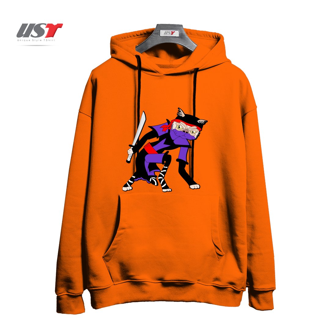 طرح GRUMPY NINJA CAT هودی اورسایزرنگ نارنجی