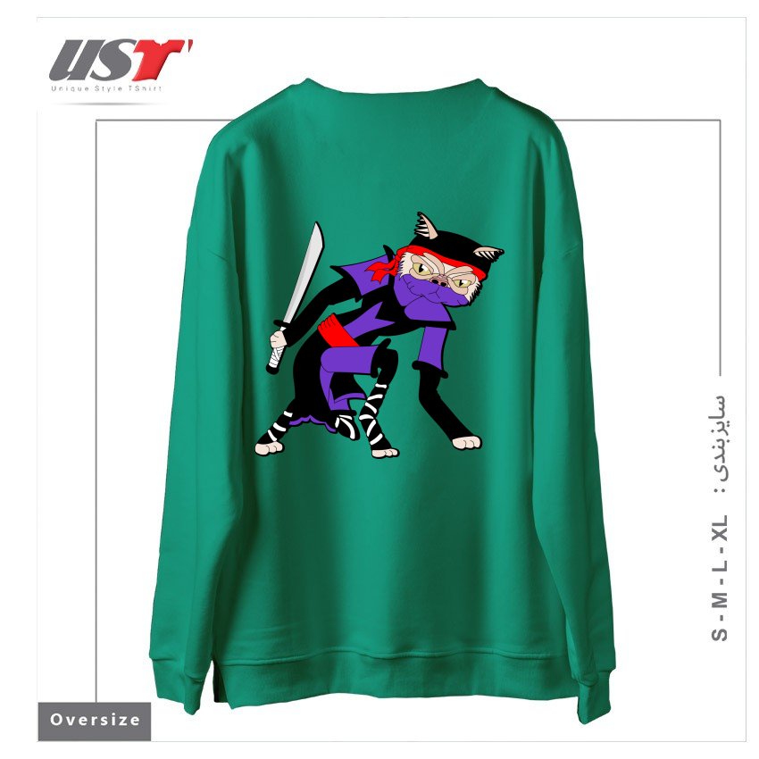 طرح GRUMPY NINJA CAT سوییشرت اورسایزرنگ سبز سدری